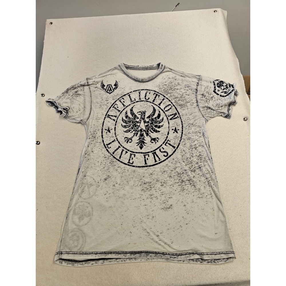 Affliction Live Fast Graphic T-Shirt Mens XL White Grey Burnout Wash‎ Distressed